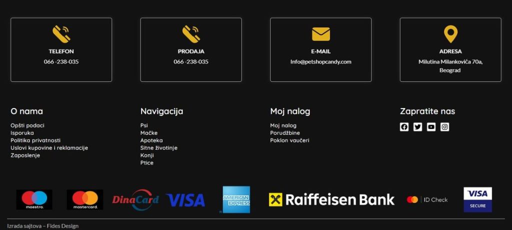 Pet Shop Candy - Footer: Kontakt i načini plaćanja (sajt koji je izradio Fides Design)