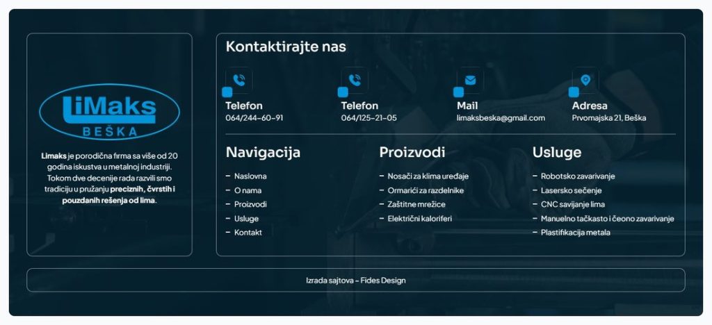 Limaks - Footer: Kontakt i navigacija (sajt koji je izradio Fides Design)