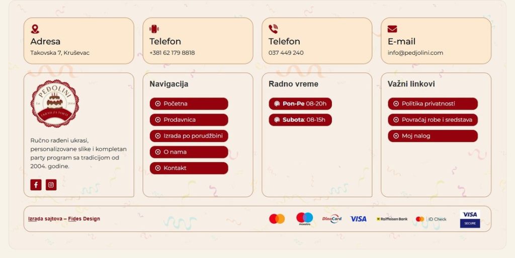 Pedjolini - Footer: Kontakt, radno vreme, plaćanje (sajt koji je izradio Fides Design)